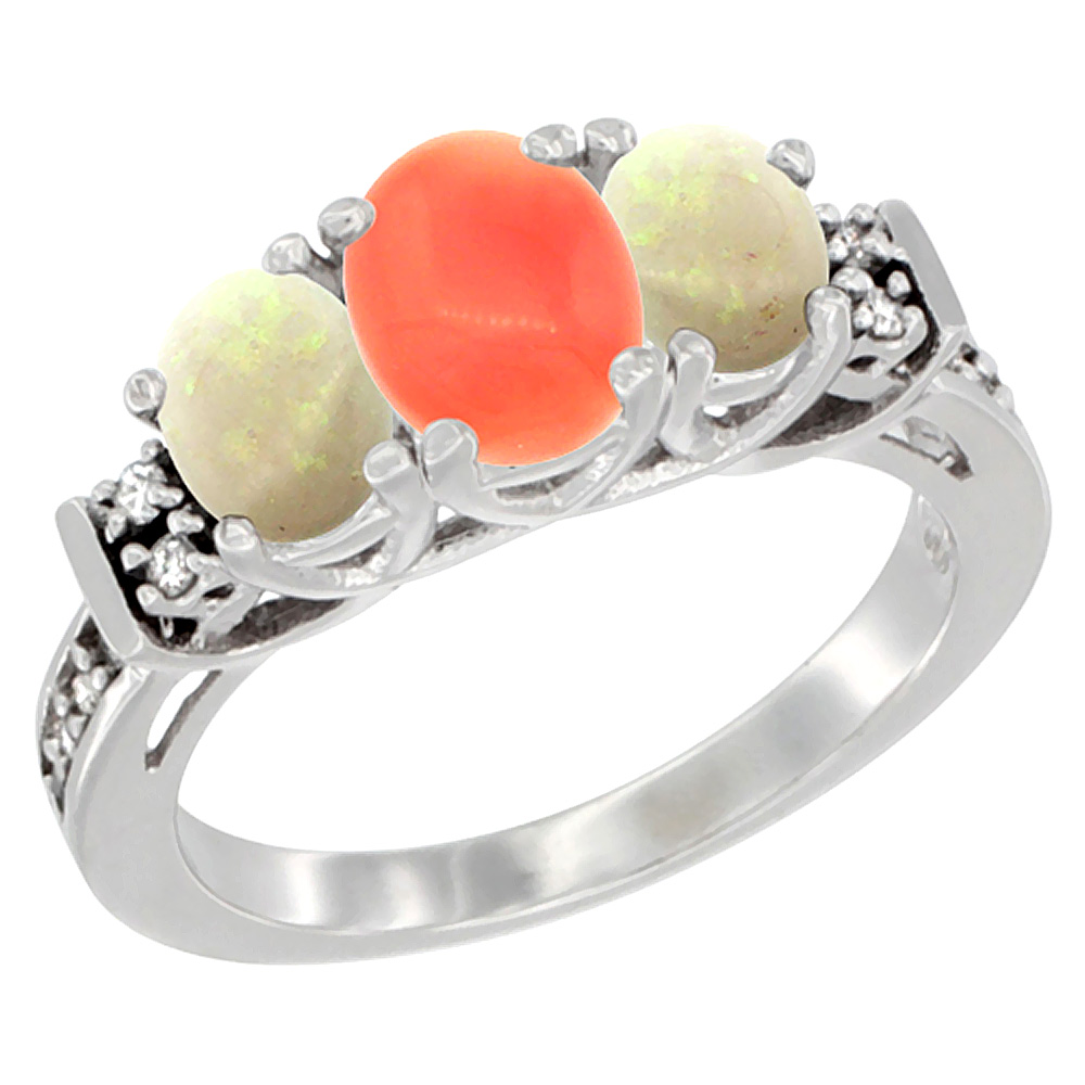 14K White Gold Natural Coral &amp; Opal Ring 3-Stone Oval Diamond Accent, sizes 5-10