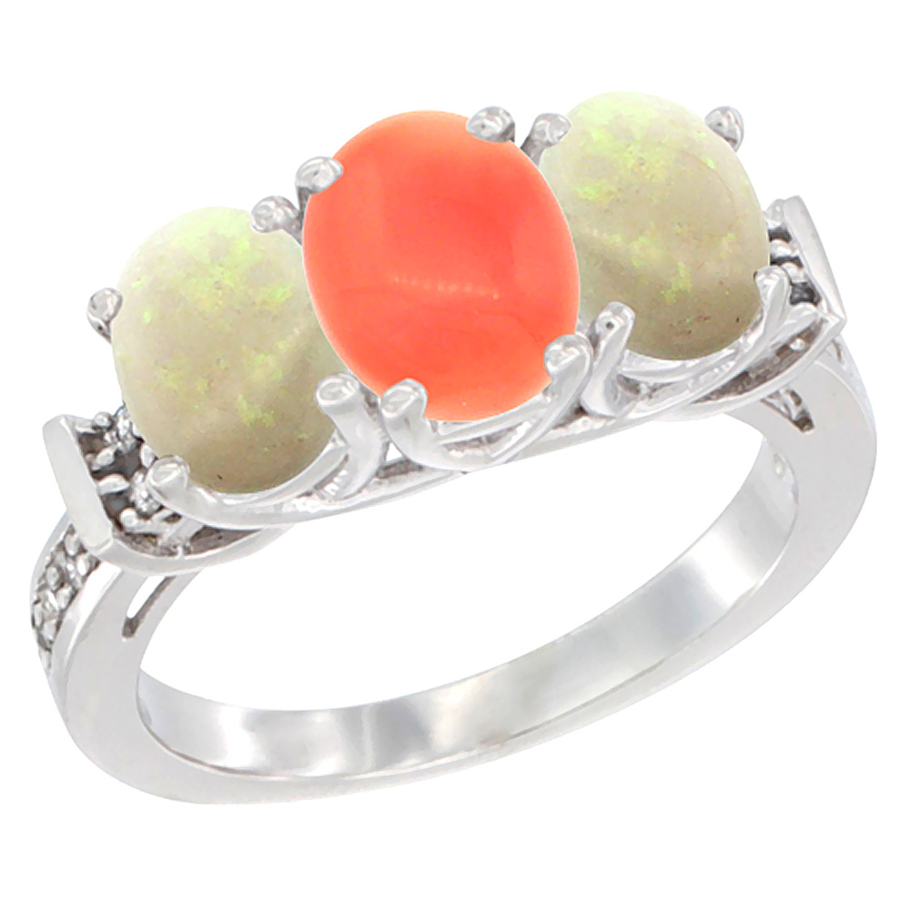 10K White Gold Natural Coral & Opal Sides Ring 3-Stone Oval Diamond Accent, sizes 5 - 10