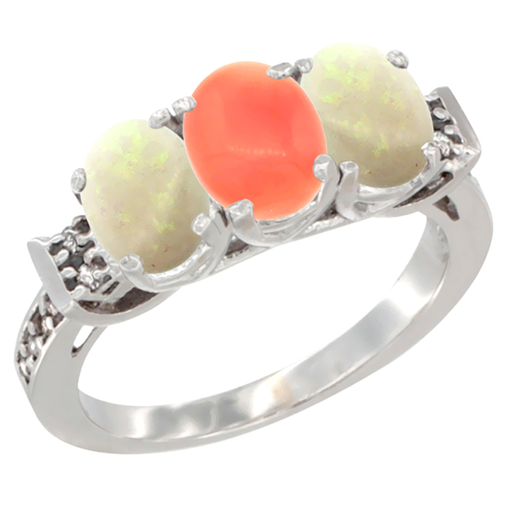 14K White Gold Natural Coral &amp; Opal Sides Ring 3-Stone Oval 7x5 mm Diamond Accent, sizes 5 - 10