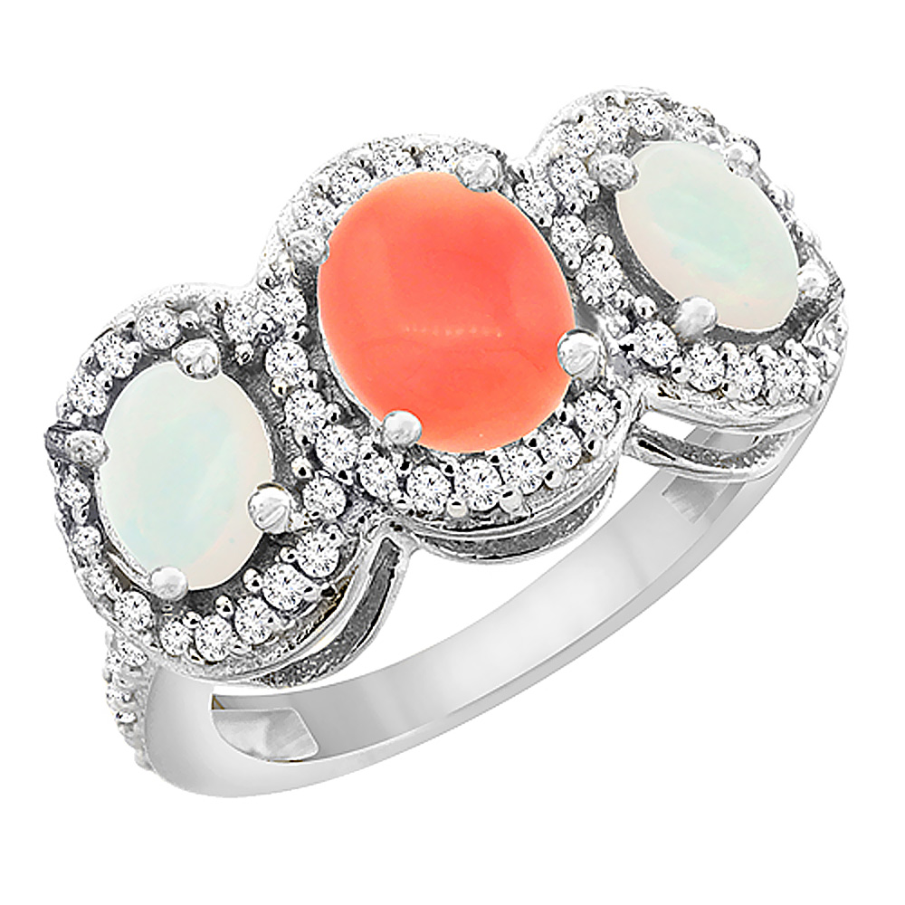 14K White Gold Natural Coral &amp; Opal 3-Stone Ring Oval Diamond Accent, sizes 5 - 10
