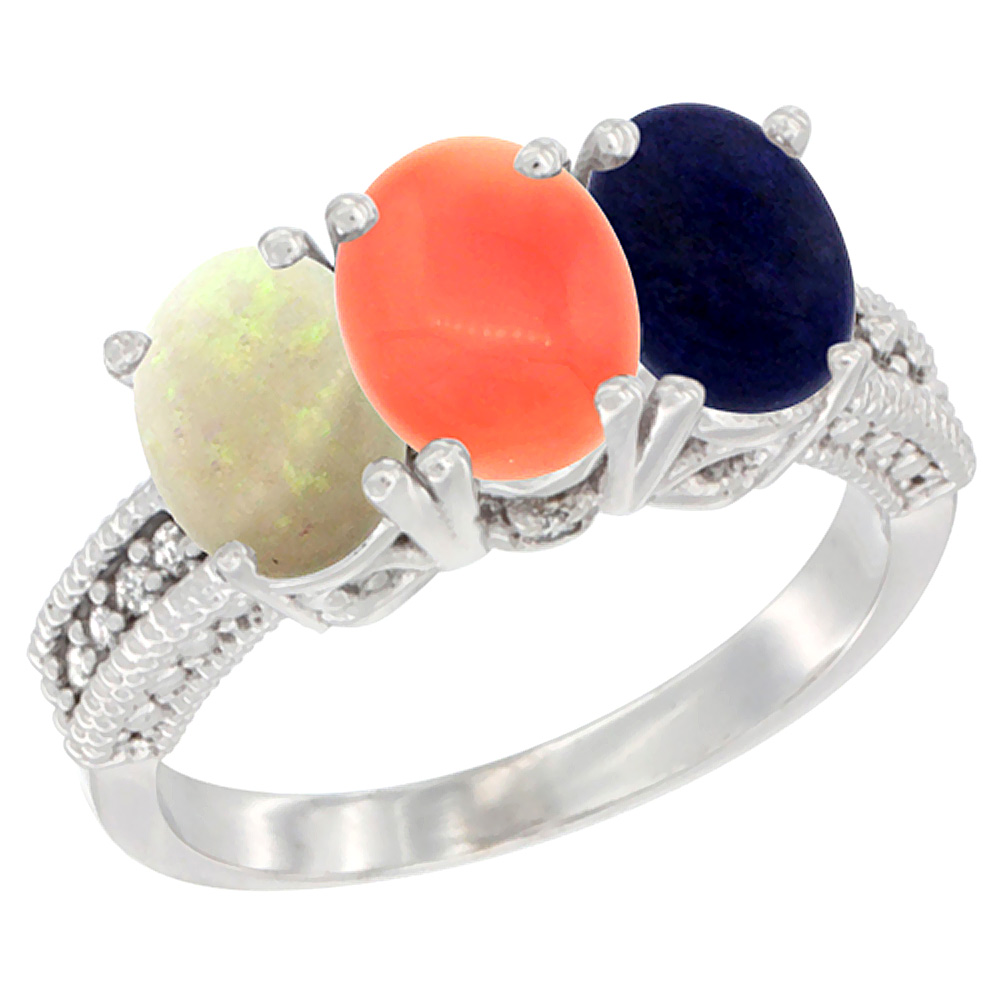 14K White Gold Natural Opal, Coral &amp; Lapis Ring 3-Stone 7x5 mm Oval Diamond Accent, sizes 5 - 10