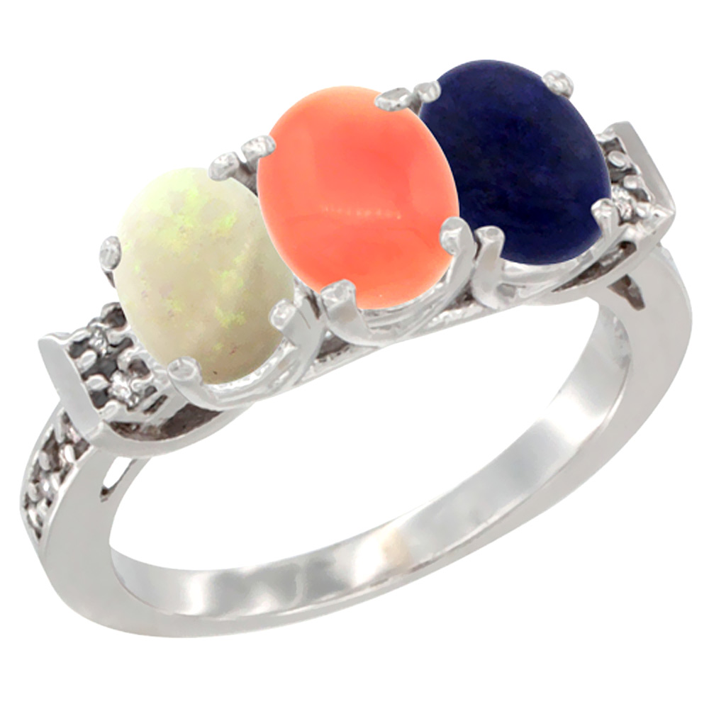 10K White Gold Natural Opal, Coral & Lapis Ring 3-Stone Oval 7x5 mm Diamond Accent, sizes 5 - 10