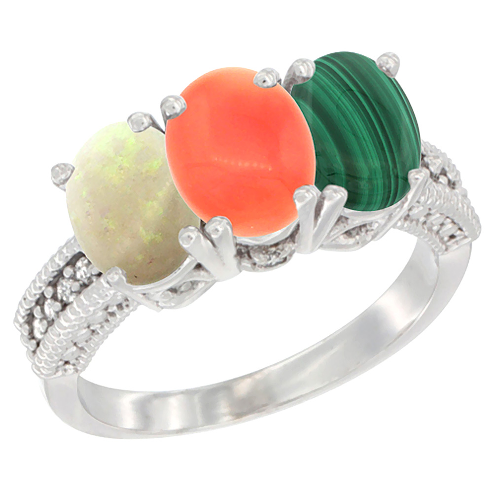14K White Gold Natural Opal, Coral &amp; Malachite Ring 3-Stone 7x5 mm Oval Diamond Accent, sizes 5 - 10