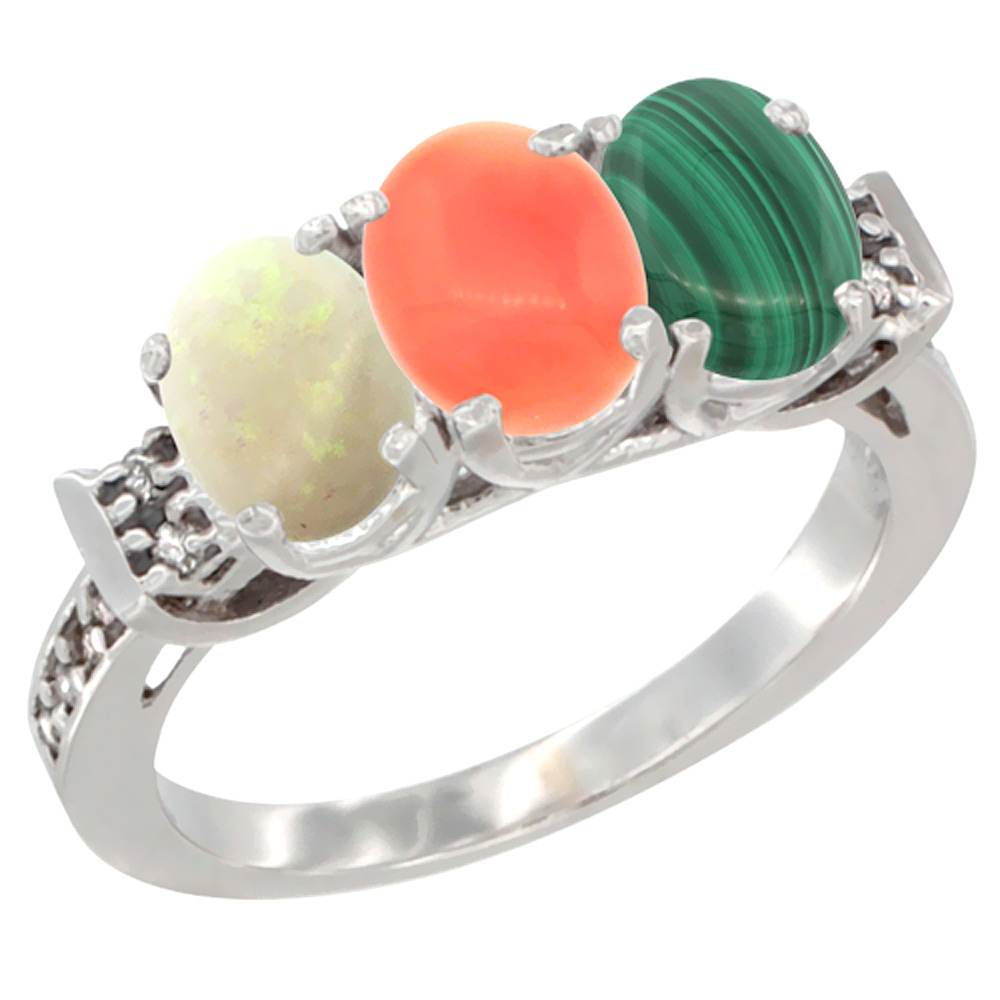 14K White Gold Natural Opal, Coral &amp; Malachite Ring 3-Stone Oval 7x5 mm Diamond Accent, sizes 5 - 10