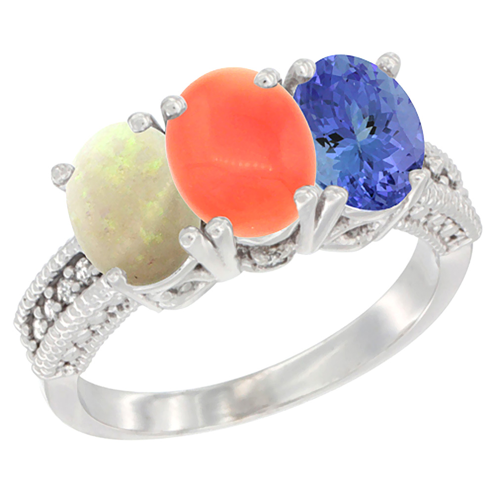14K White Gold Natural Opal, Coral &amp; Tanzanite Ring 3-Stone 7x5 mm Oval Diamond Accent, sizes 5 - 10