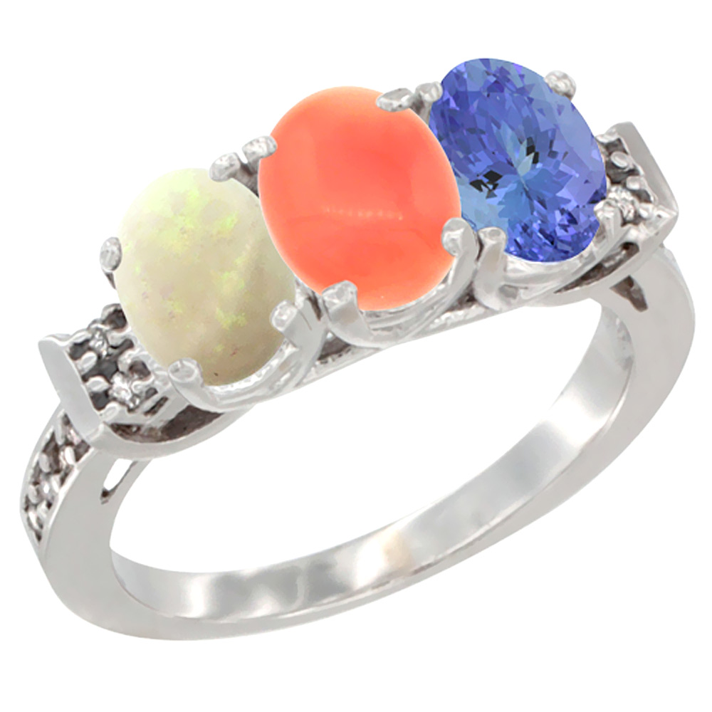 14K White Gold Natural Opal, Coral & Tanzanite Ring 3-Stone Oval 7x5 mm Diamond Accent, sizes 5 - 10