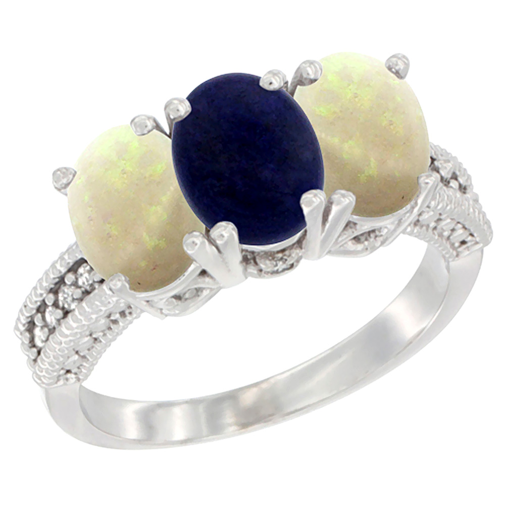 14K White Gold Natural Lapis &amp; Opal Sides Ring 3-Stone 7x5 mm Oval Diamond Accent, sizes 5 - 10