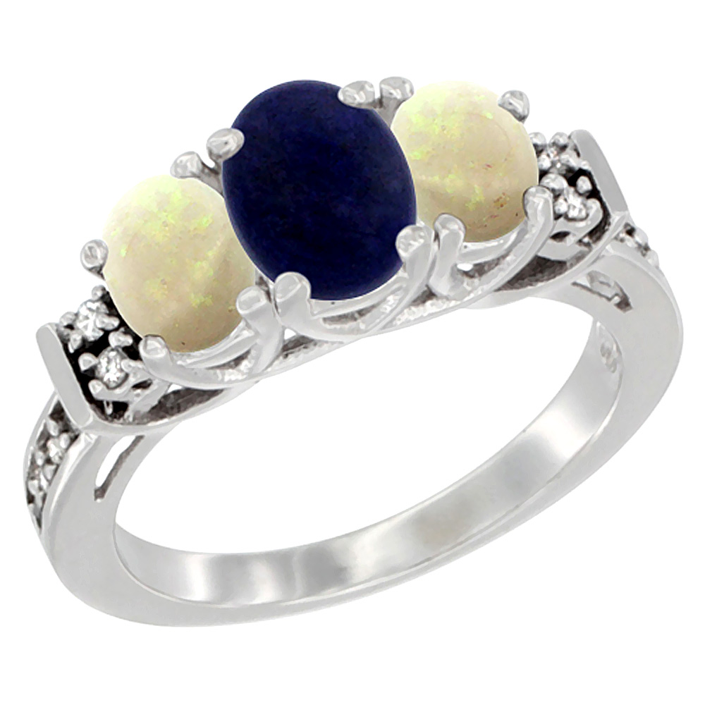 14K White Gold Natural Lapis &amp; Opal Ring 3-Stone Oval Diamond Accent, sizes 5-10