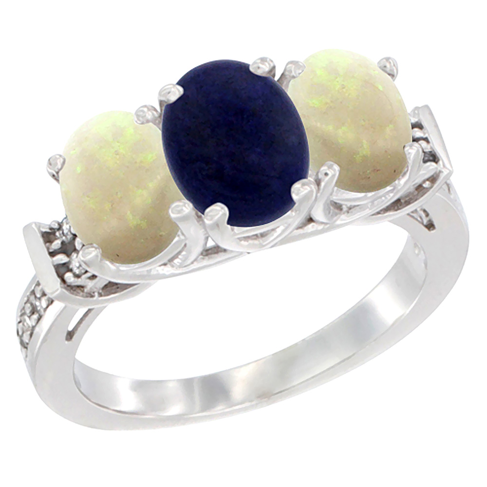 10K White Gold Natural Lapis & Opal Sides Ring 3-Stone Oval Diamond Accent, sizes 5 - 10