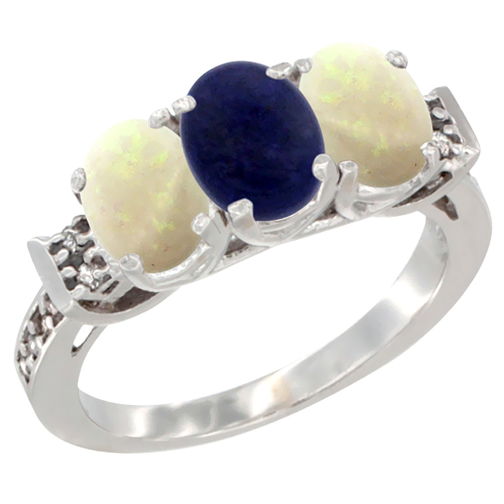 14K White Gold Natural Lapis &amp; Opal Sides Ring 3-Stone Oval 7x5 mm Diamond Accent, sizes 5 - 10