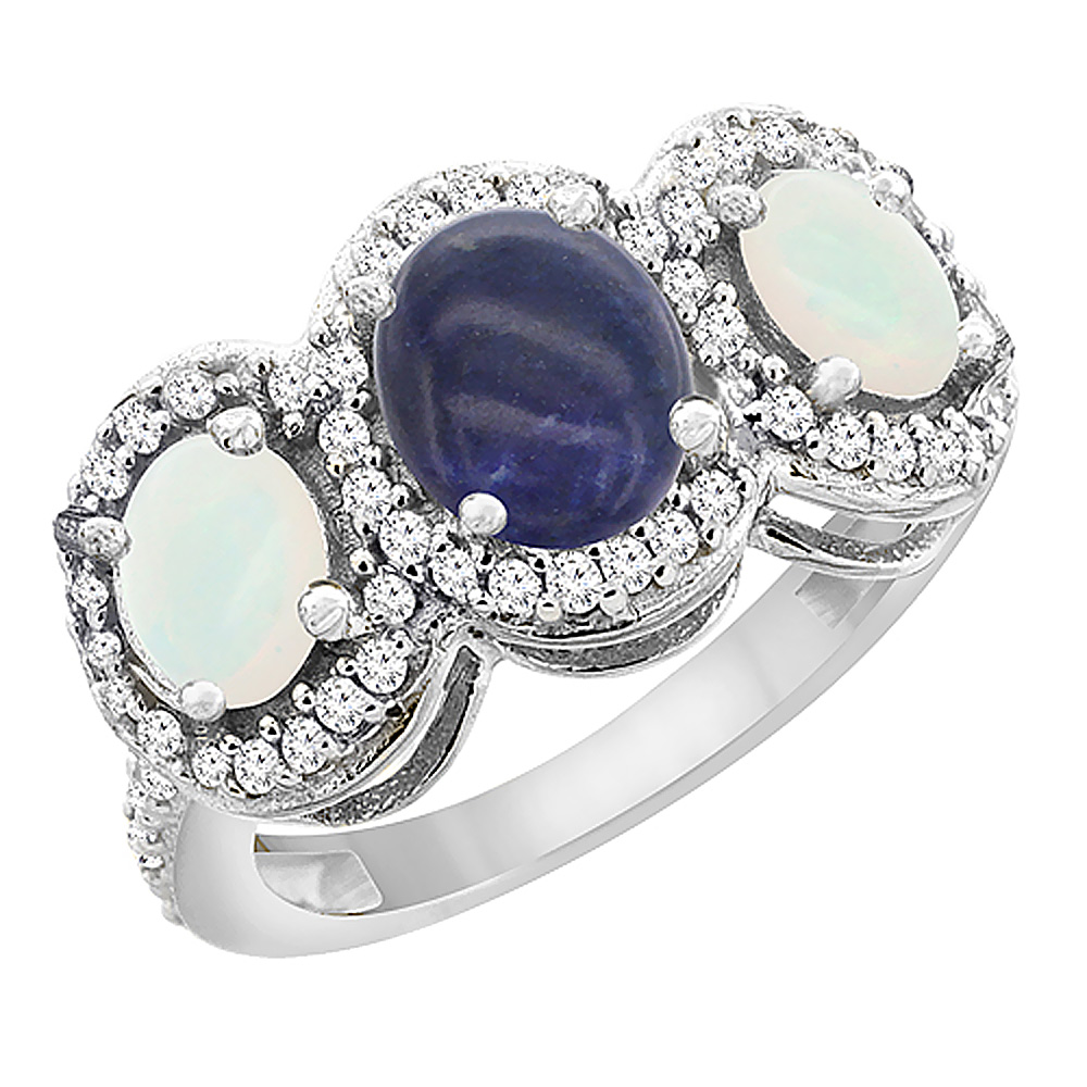 10K White Gold Natural Lapis & Opal 3-Stone Ring Oval Diamond Accent, sizes 5 - 10