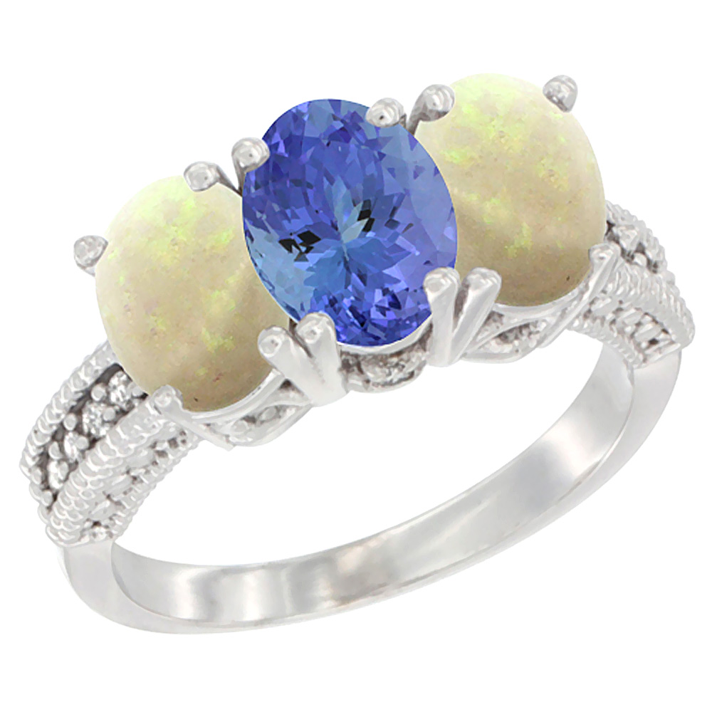 14K White Gold Natural Tanzanite &amp; Opal Sides Ring 3-Stone 7x5 mm Oval Diamond Accent, sizes 5 - 10