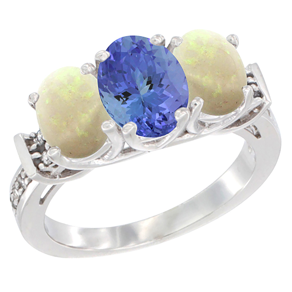 10K White Gold Natural Tanzanite & Opal Sides Ring 3-Stone Oval Diamond Accent, sizes 5 - 10