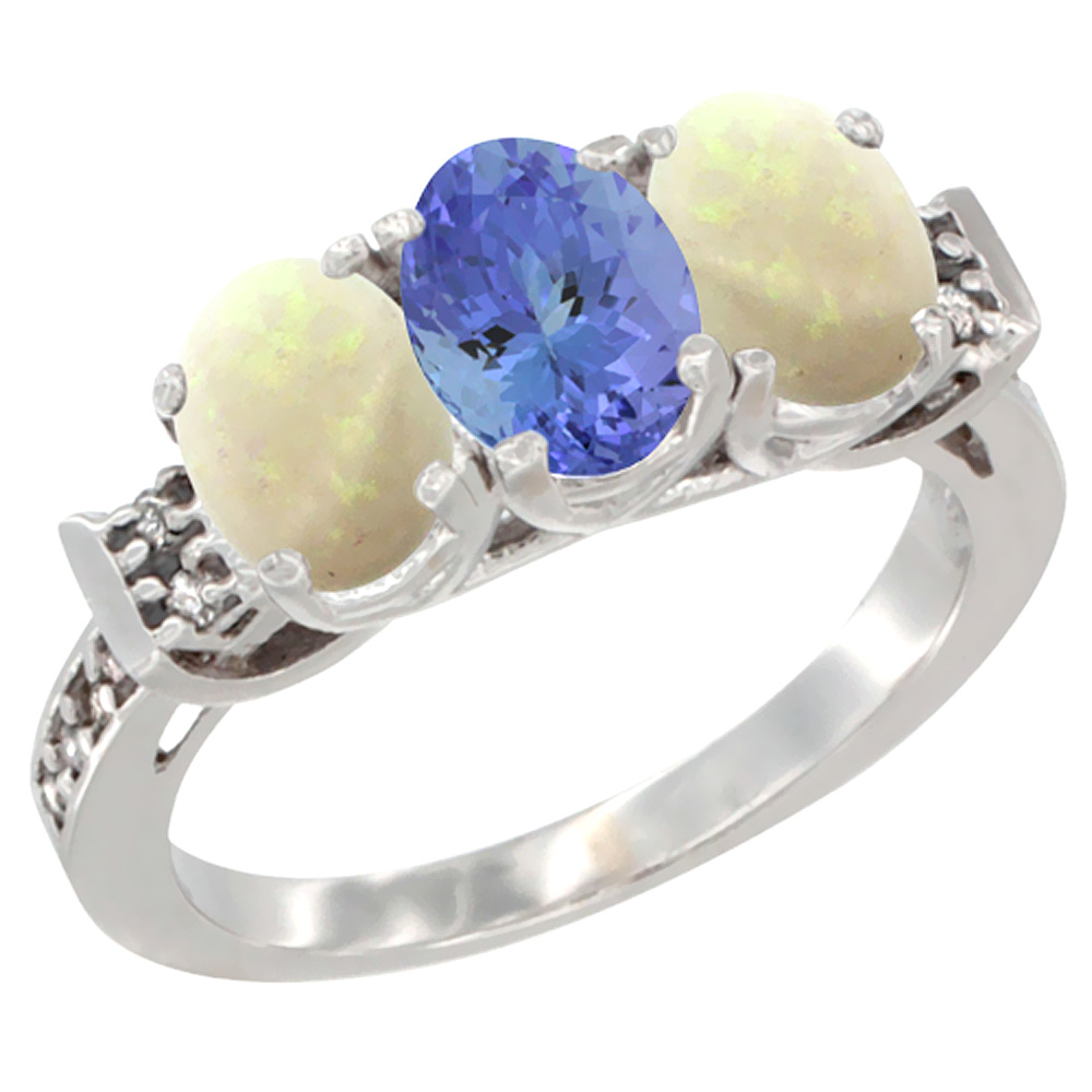 10K White Gold Natural Tanzanite &amp; Opal Sides Ring 3-Stone Oval 7x5 mm Diamond Accent, sizes 5 - 10