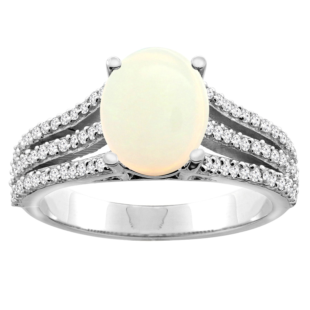 10K White/Yellow Gold Natural Opal Tri-split Ring Oval 9x7mm Diamond Accents, sizes 5 - 10