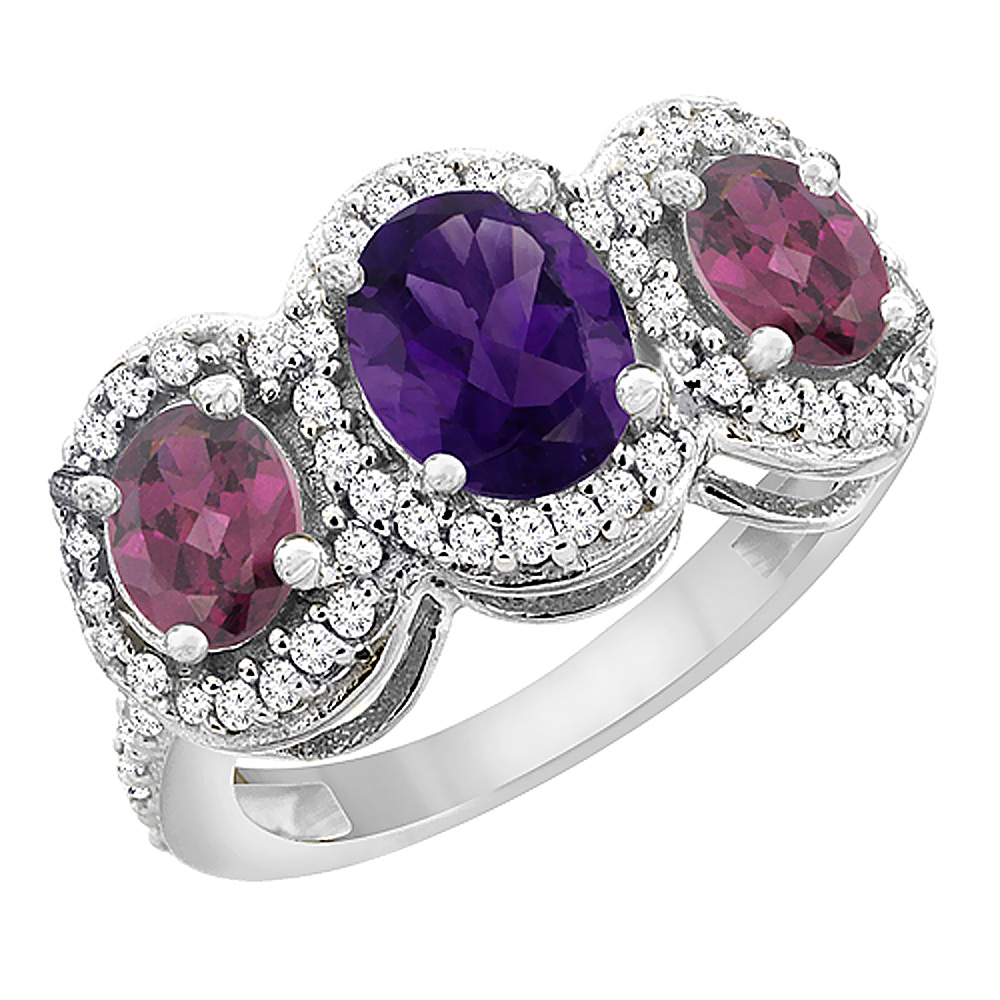 14K White Gold Natural Amethyst & Rhodolite 3-Stone Ring Oval Diamond Accent, sizes 5 - 10