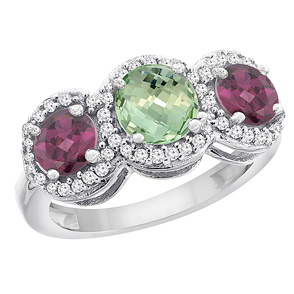 14K White Gold Natural Green Amethyst &amp; Rhodolite Sides Round 3-stone Ring Diamond Accents, sizes 5 - 10