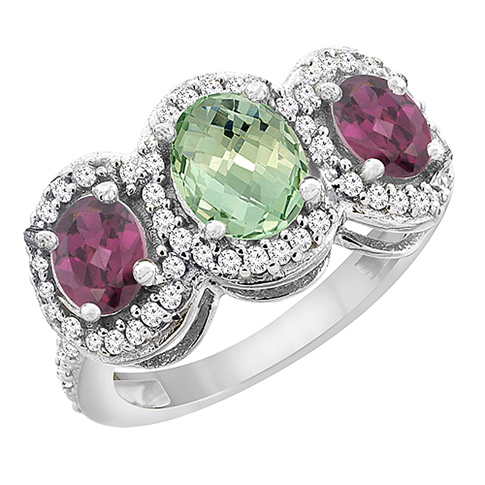 10K White Gold Natural Green Amethyst &amp; Rhodolite 3-Stone Ring Oval Diamond Accent, sizes 5 - 10