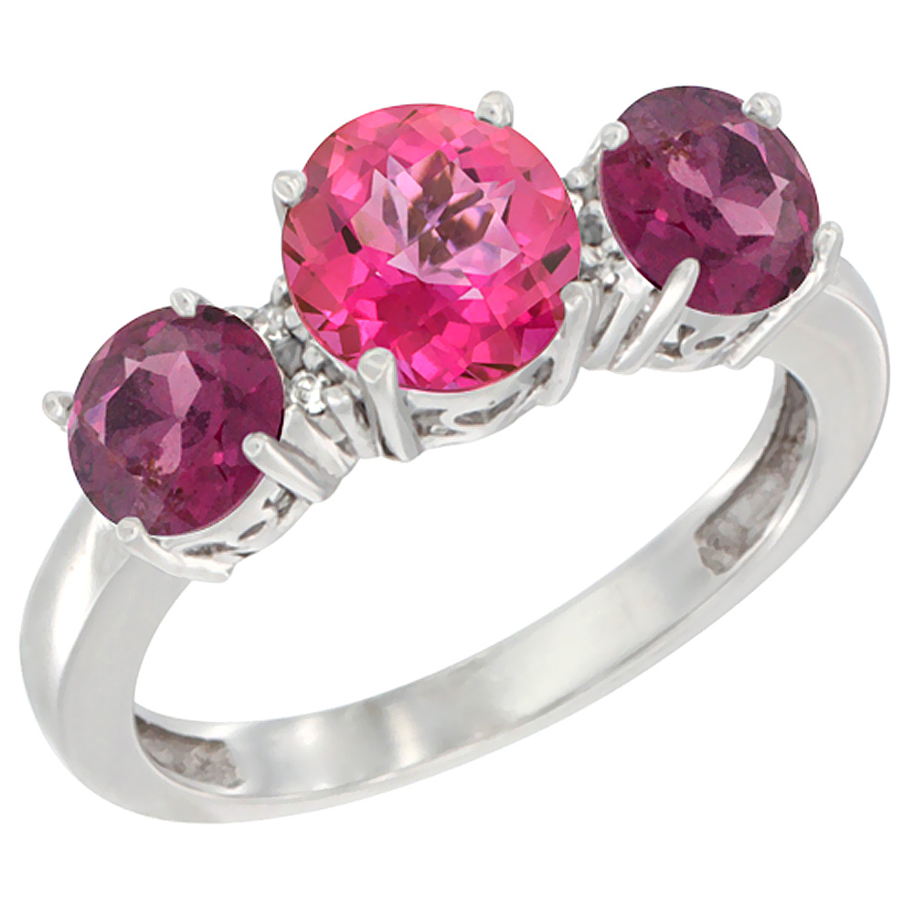 14K White Gold Round 3-Stone Natural Pink Topaz Ring & Rhodolite Sides Diamond Accent, sizes 5 - 10