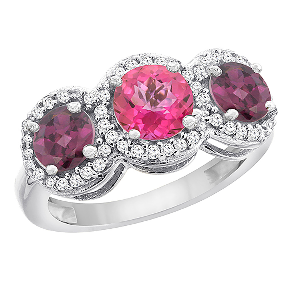 14K White Gold Natural Pink Topaz & Rhodolite Sides Round 3-stone Ring Diamond Accents, sizes 5 - 10
