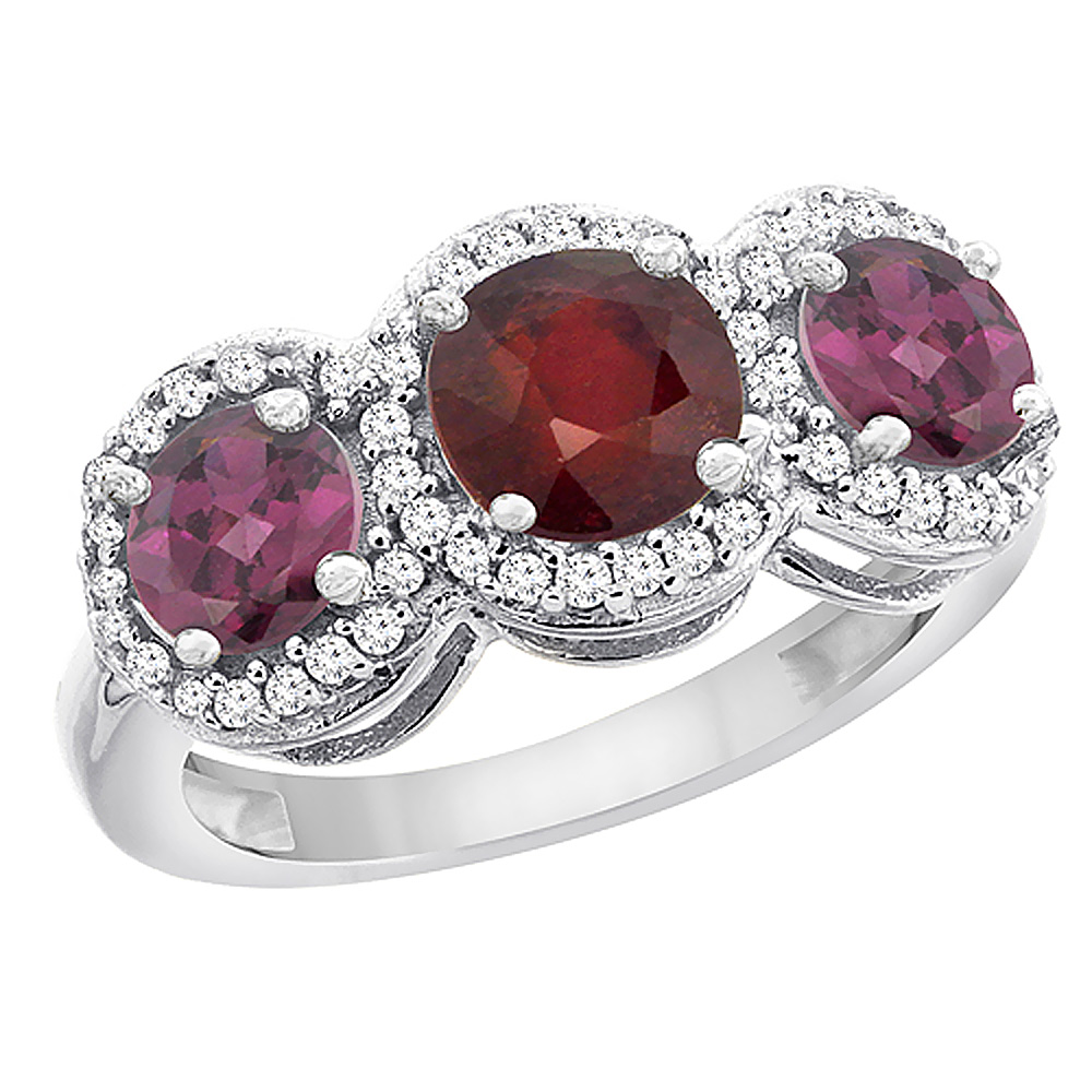 14K White Gold Enhanced Ruby & Rhodolite Sides Round 3-stone Ring Diamond Accents, sizes 5 - 10