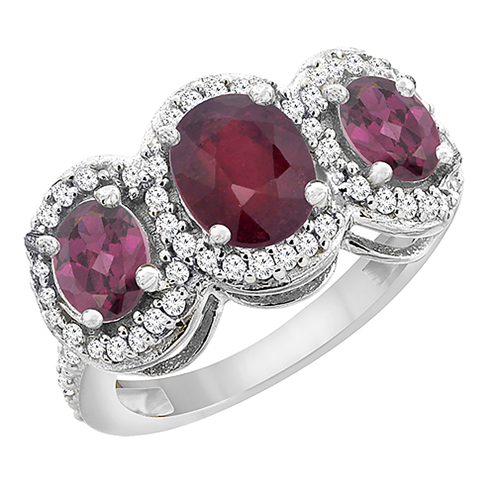 10K White Gold Natural Quality Ruby &amp; Rhodolite 3-stone Mothers Ring Oval Diamond Accent, size 5 - 10