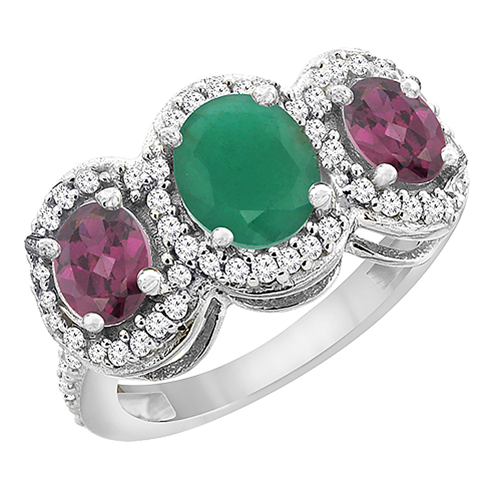10K White Gold Natural Quality Emerald & Rhodolite 3-stone Mothers Ring Oval Diamond Accent, size 5 - 10