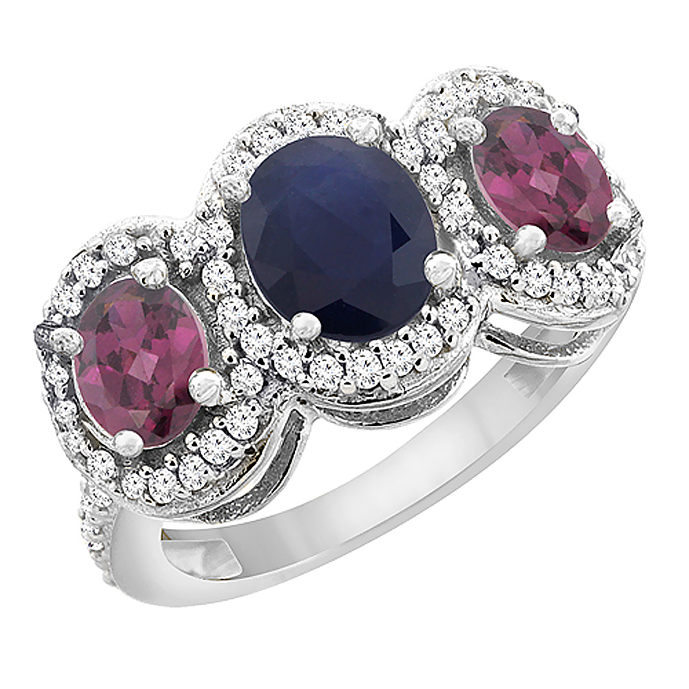 14K White Gold Natural Blue Sapphire & Rhodolite 3-Stone Ring Oval Diamond Accent, sizes 5 - 10