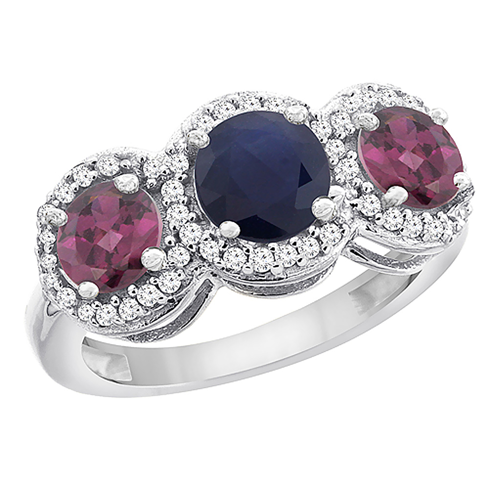 14K White Gold Natural High Quality Blue Sapphire & Rhodolite Sides Round 3-stone Ring Diamond Accents, sizes 5 - 10