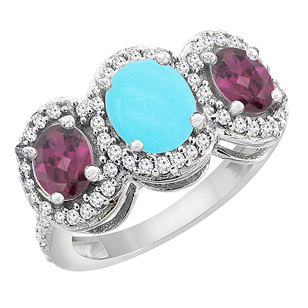 14K White Gold Natural Turquoise & Rhodolite 3-Stone Ring Oval Diamond Accent, sizes 5 - 10