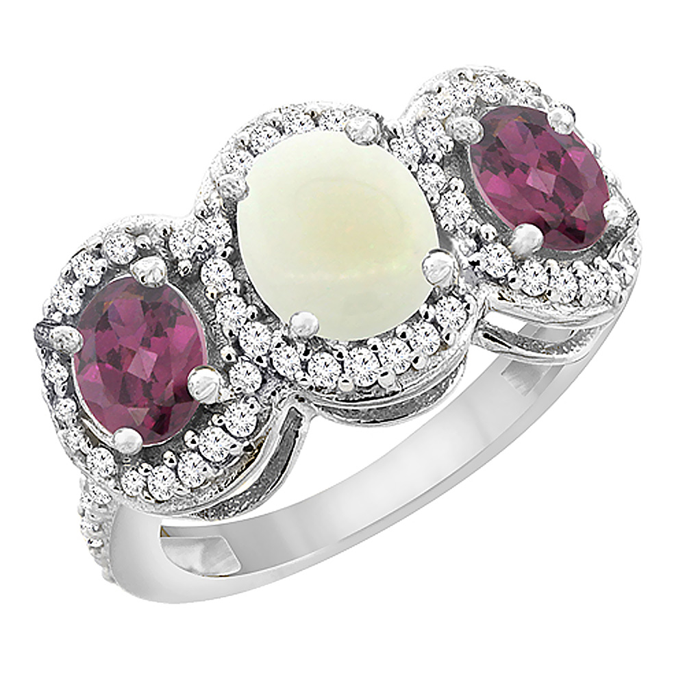 14K White Gold Natural Opal &amp; Rhodolite 3-Stone Ring Oval Diamond Accent, sizes 5 - 10