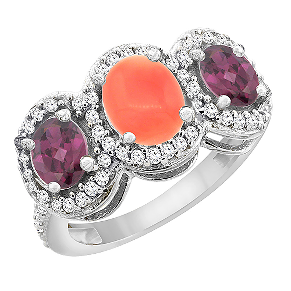 14K White Gold Natural Coral & Rhodolite 3-Stone Ring Oval Diamond Accent, sizes 5 - 10