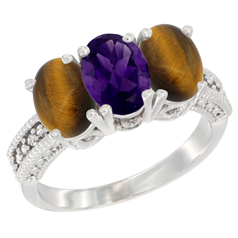 14K White Gold Natural Amethyst &amp; Tiger Eye Sides Ring 3-Stone 7x5 mm Oval Diamond Accent, sizes 5 - 10