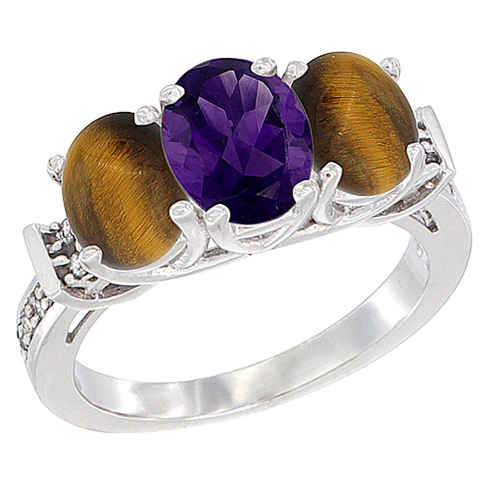 14K White Gold Natural Amethyst & Tiger Eye Sides Ring 3-Stone Oval Diamond Accent, sizes 5 - 10