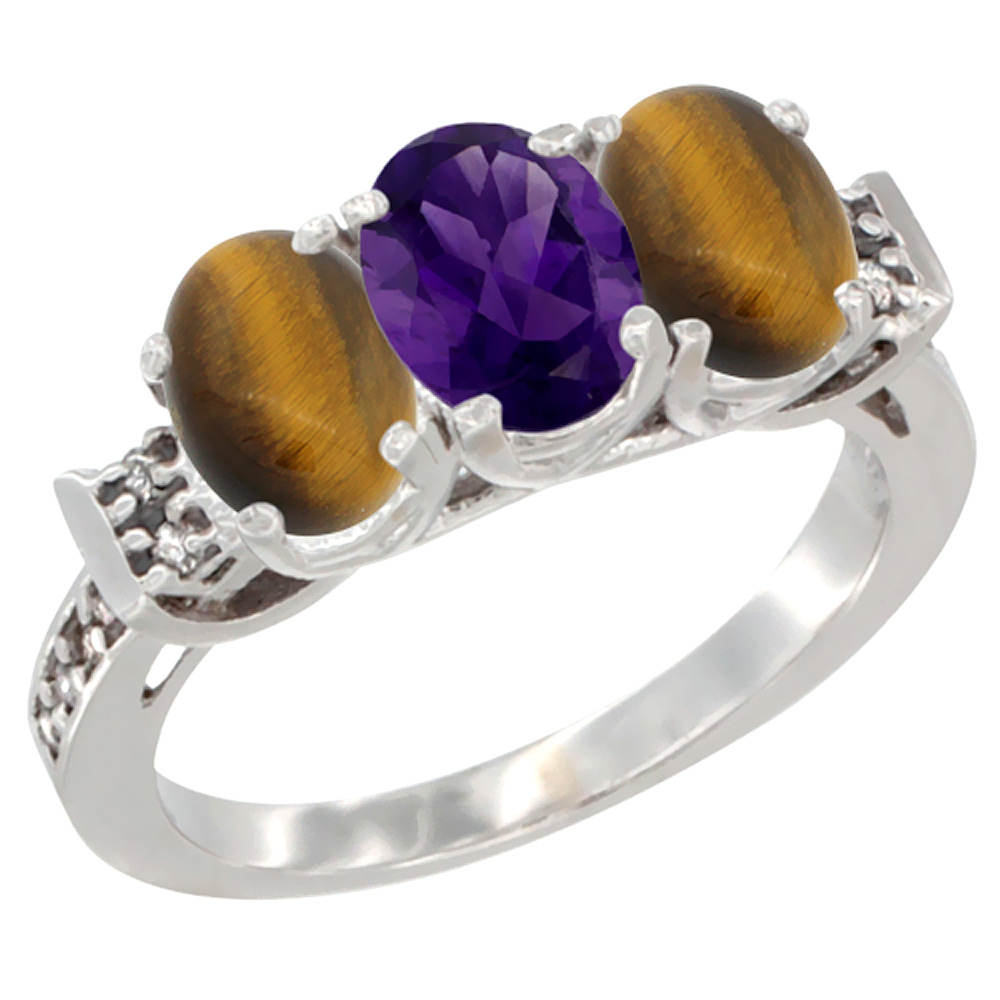 14K White Gold Natural Amethyst &amp; Tiger Eye Sides Ring 3-Stone Oval 7x5 mm Diamond Accent, sizes 5 - 10