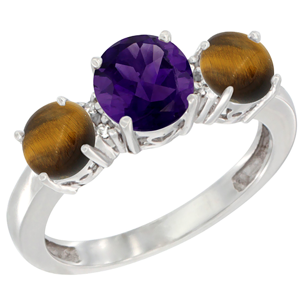10K White Gold Round 3-Stone Natural Amethyst Ring & Tiger Eye Sides Diamond Accent, sizes 5 - 10