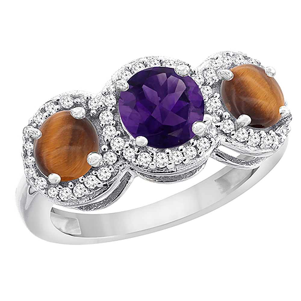 14K White Gold Natural Amethyst &amp; Tiger Eye Sides Round 3-stone Ring Diamond Accents, sizes 5 - 10