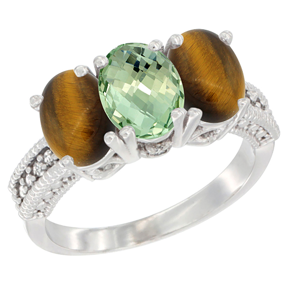 14K White Gold Natural Green Amethyst &amp; Tiger Eye Sides Ring 3-Stone 7x5 mm Oval Diamond Accent, sizes 5 - 10