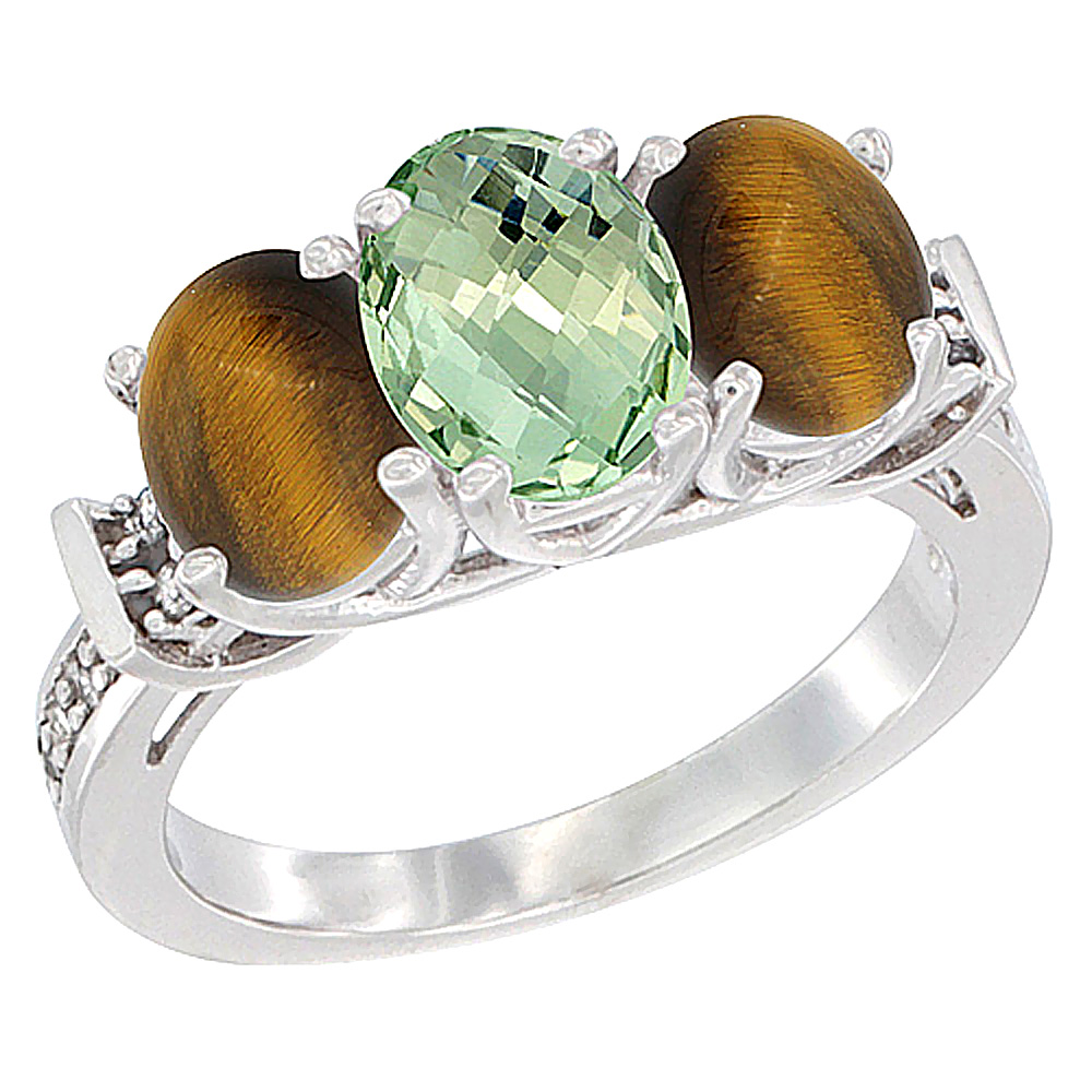 10K White Gold Natural Green Amethyst &amp; Tiger Eye Sides Ring 3-Stone Oval Diamond Accent, sizes 5 - 10
