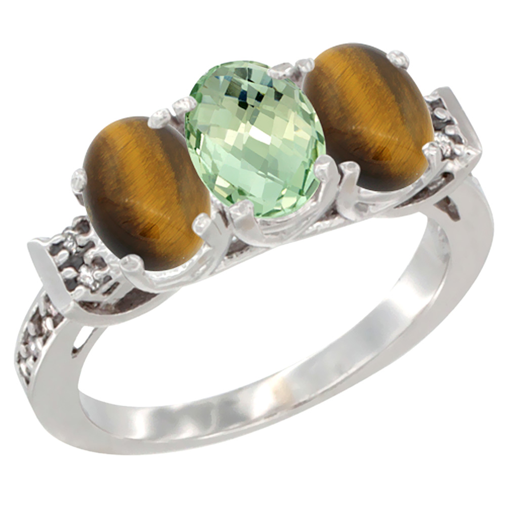 14K White Gold Natural Green Amethyst &amp; Tiger Eye Sides Ring 3-Stone Oval 7x5 mm Diamond Accent, sizes 5 - 10