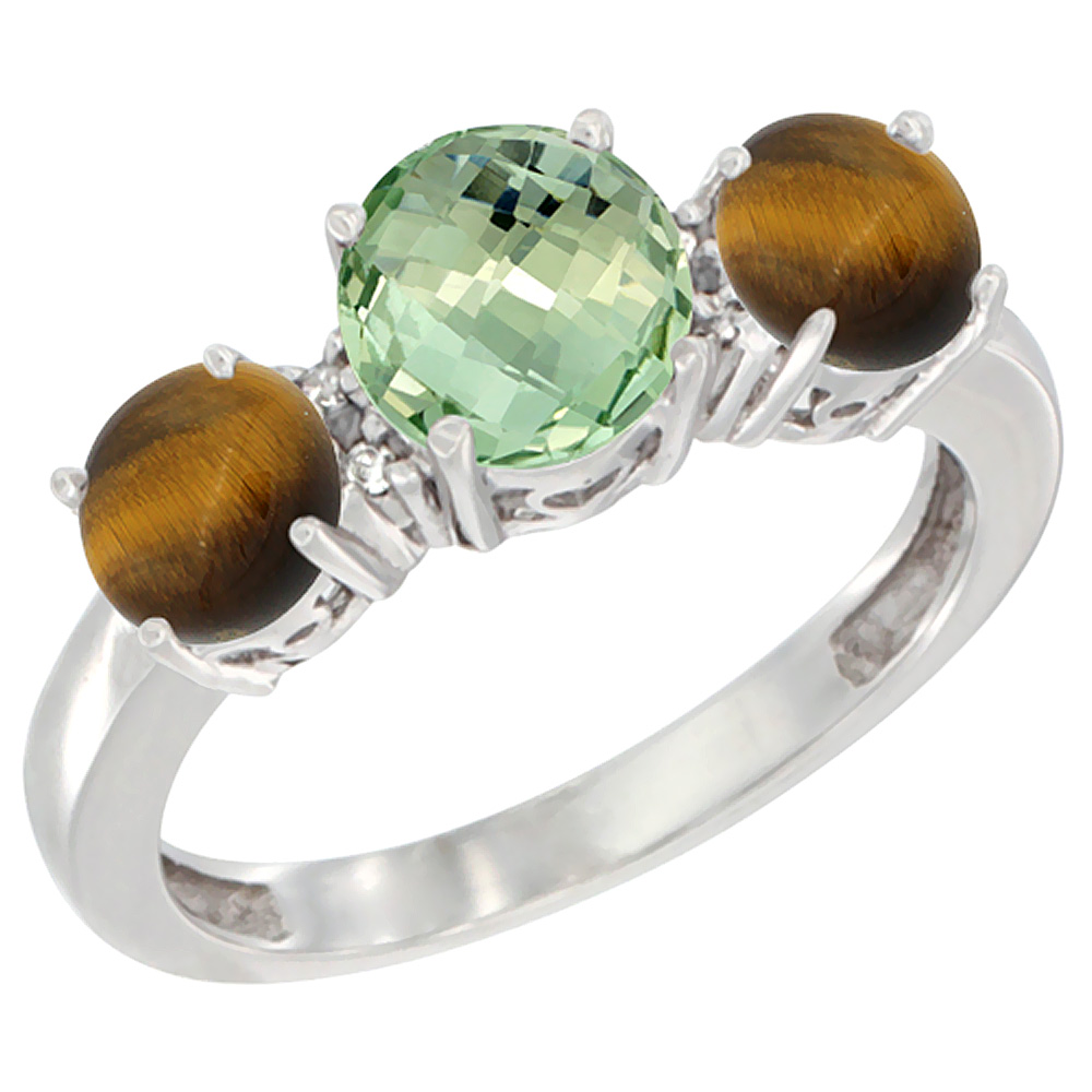 10K White Gold Round 3-Stone Natural Green Amethyst Ring &amp; Tiger Eye Sides Diamond Accent, sizes 5 - 10