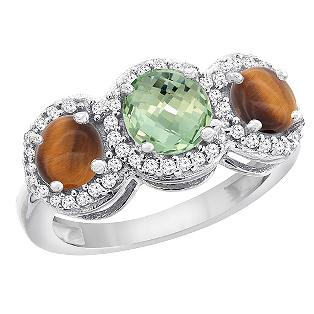 10K White Gold Natural Green Amethyst &amp; Tiger Eye Sides Round 3-stone Ring Diamond Accents, sizes 5 - 10
