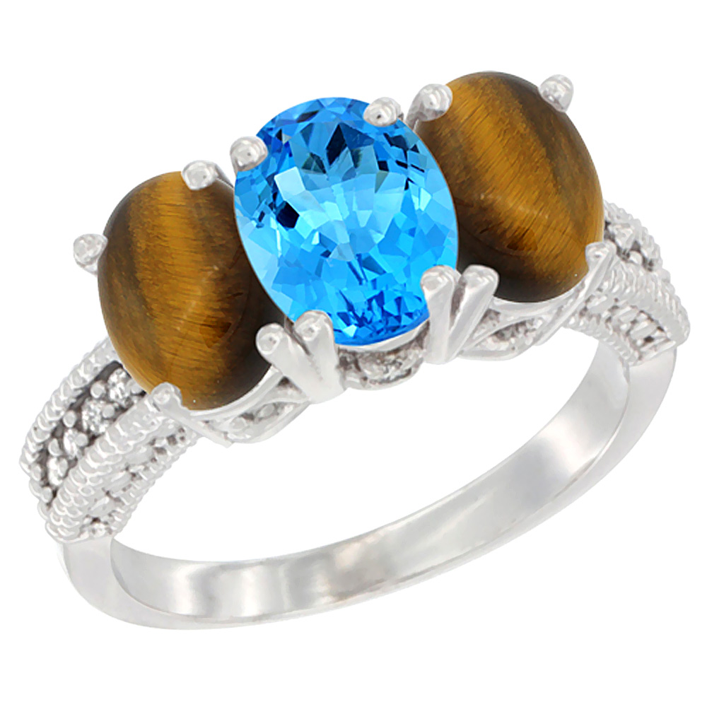 14K White Gold Natural Swiss Blue Topaz & Tiger Eye Sides Ring 3-Stone 7x5 mm Oval Diamond Accent, sizes 5 - 10