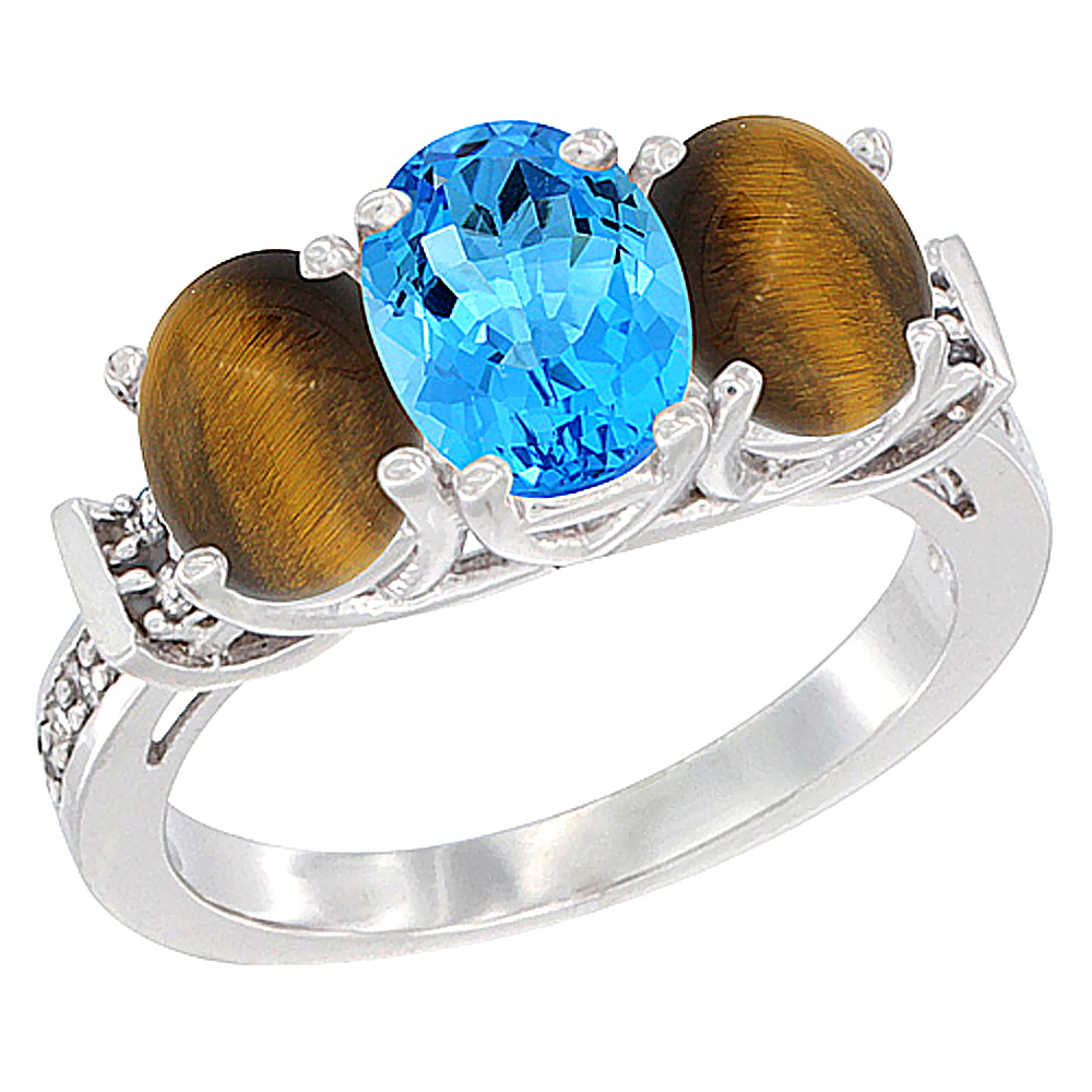 14K White Gold Natural Swiss Blue Topaz & Tiger Eye Sides Ring 3-Stone Oval Diamond Accent, sizes 5 - 10