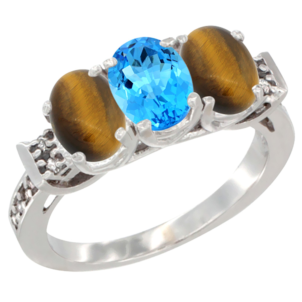 14K White Gold Natural Swiss Blue Topaz &amp; Tiger Eye Sides Ring 3-Stone Oval 7x5 mm Diamond Accent, sizes 5 - 10