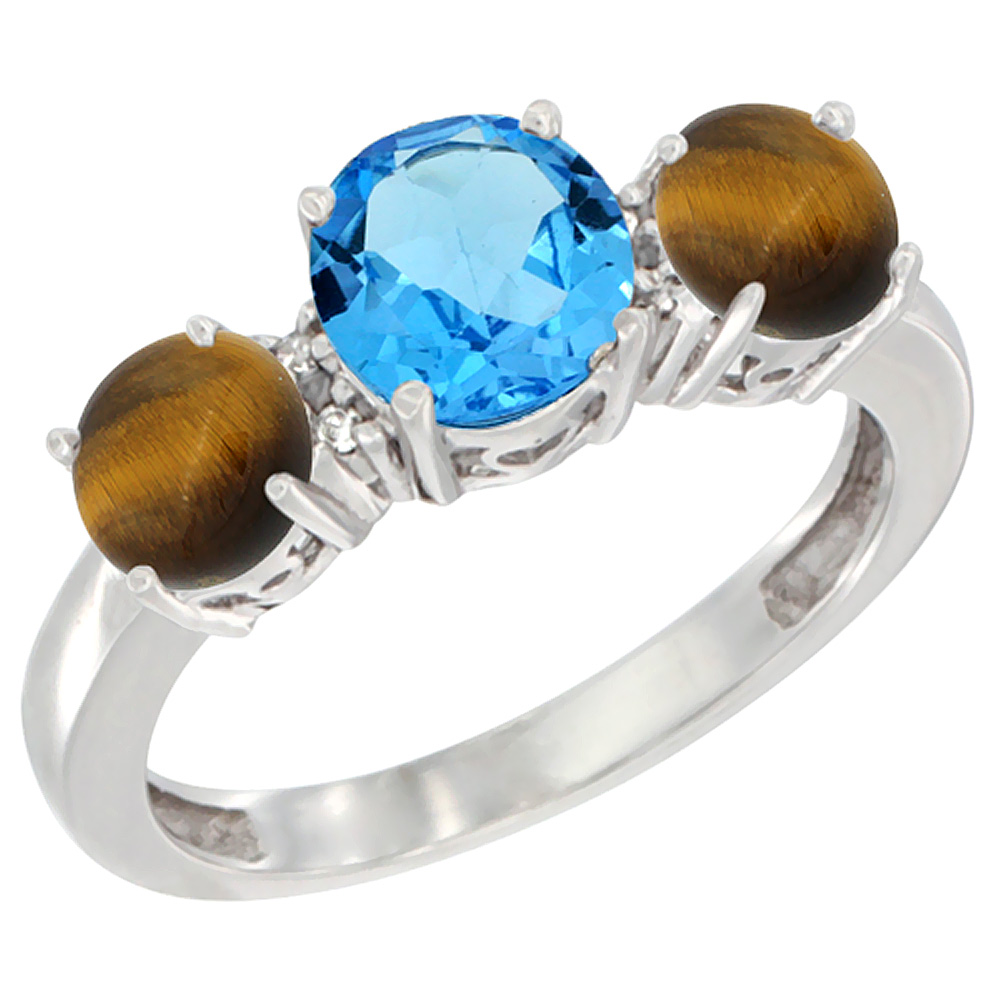 10K White Gold Round 3-Stone Natural Swiss Blue Topaz Ring & Tiger Eye Sides Diamond Accent, sizes 5 - 10