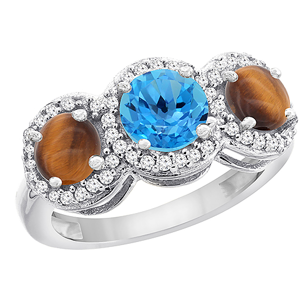 10K White Gold Natural Swiss Blue Topaz & Tiger Eye Sides Round 3-stone Ring Diamond Accents, sizes 5 - 10