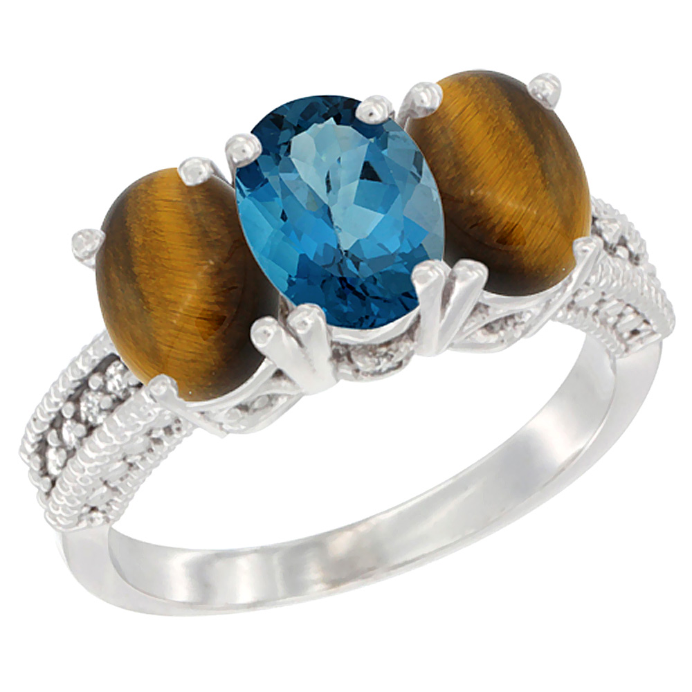 14K White Gold Natural London Blue Topaz & Tiger Eye Sides Ring 3-Stone 7x5 mm Oval Diamond Accent, sizes 5 - 10
