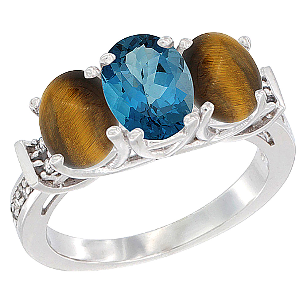 10K White Gold Natural London Blue Topaz &amp; Tiger Eye Sides Ring 3-Stone Oval Diamond Accent, sizes 5 - 10
