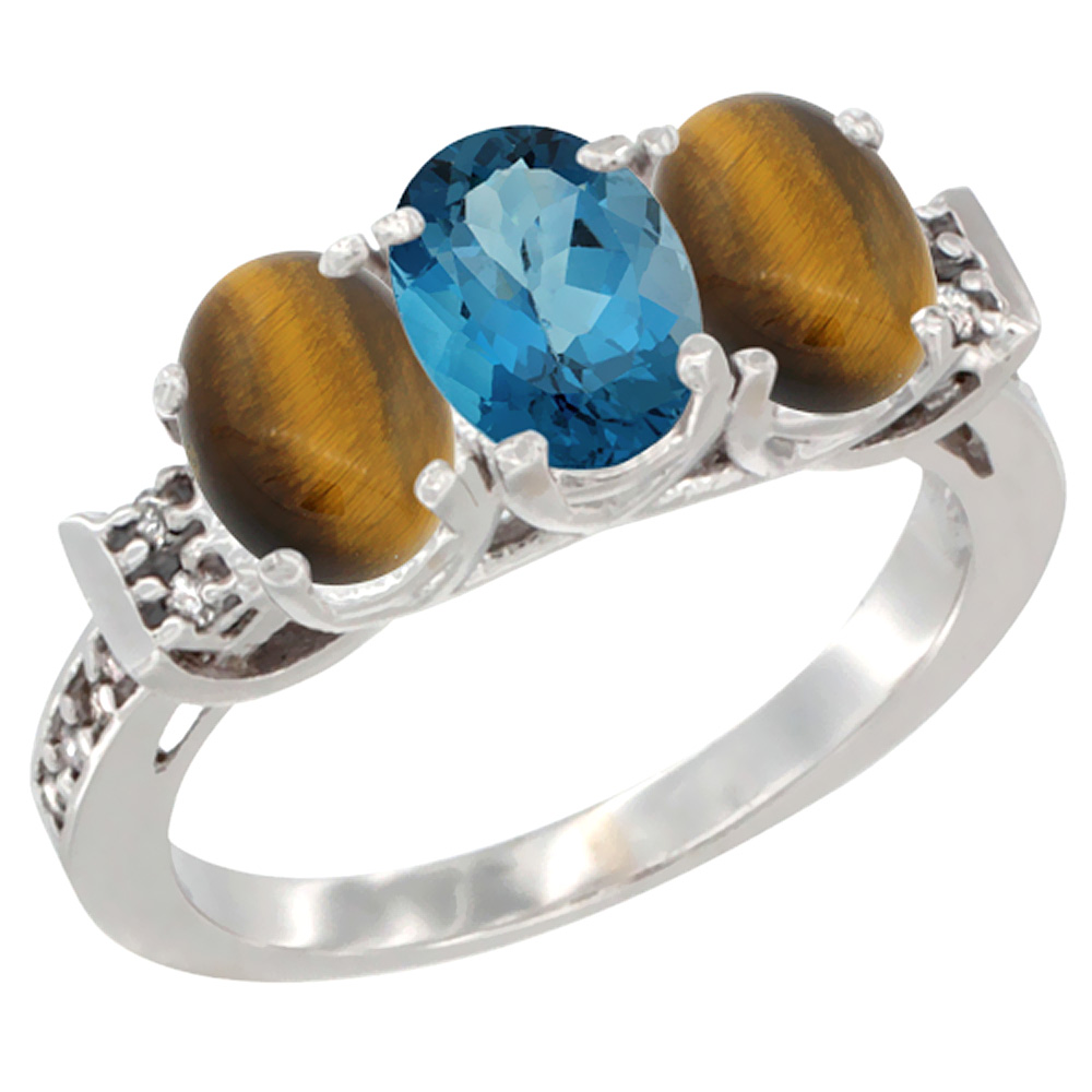 14K White Gold Natural London Blue Topaz &amp; Tiger Eye Sides Ring 3-Stone Oval 7x5 mm Diamond Accent, sizes 5 - 10